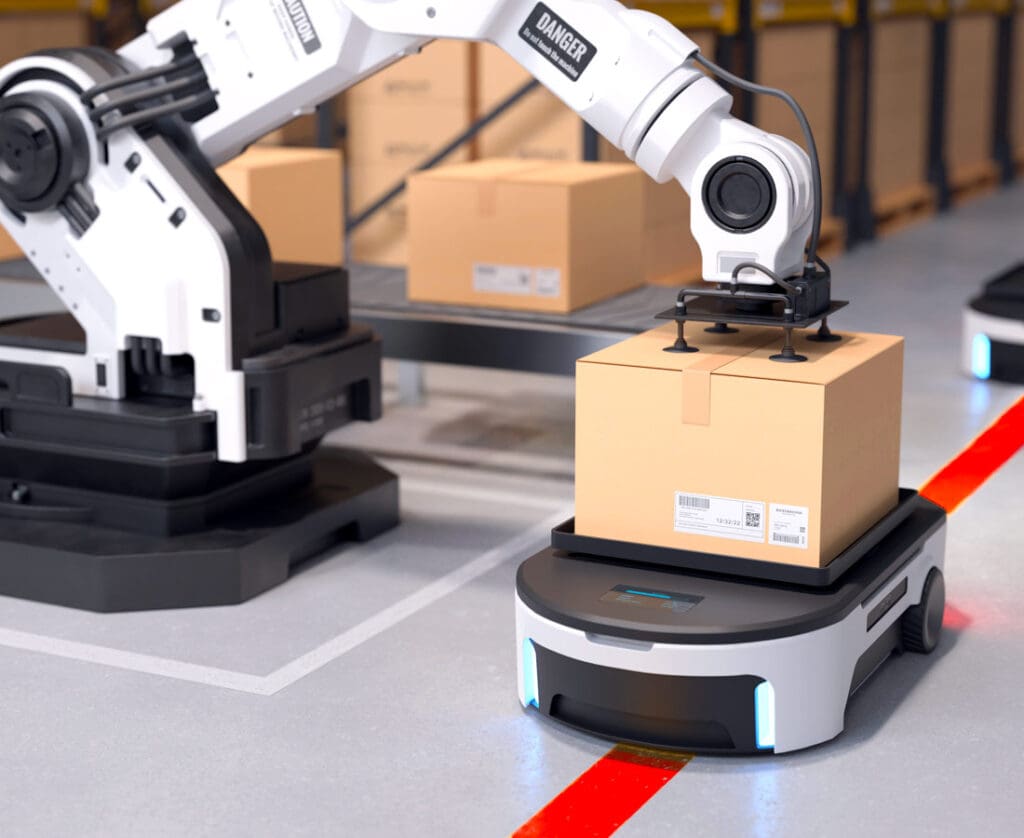 autonomous robot moving on track in warehouse with package