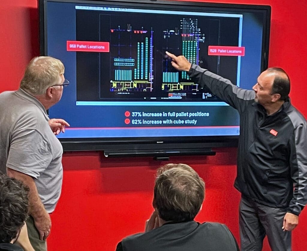 consultants working to design warehouse storage system