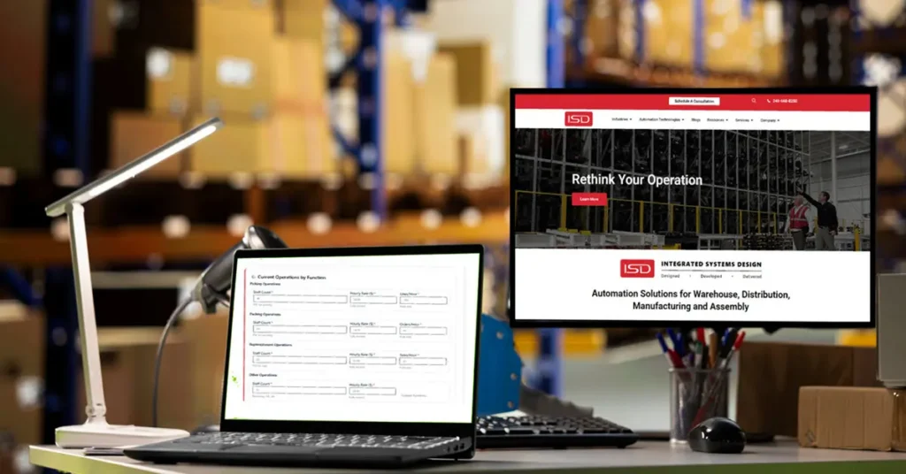 ISD free warehouse automation ROI calculator showing payback period, IRR, NPV, and total ROI metrics on a laptop screen