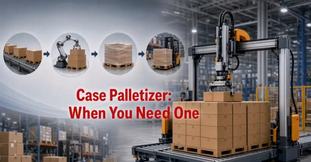Case palletizer process from conveyor to robotic pick to stretch-wrapped pallet to forklift, labeled Case Palletizer: When You Need One