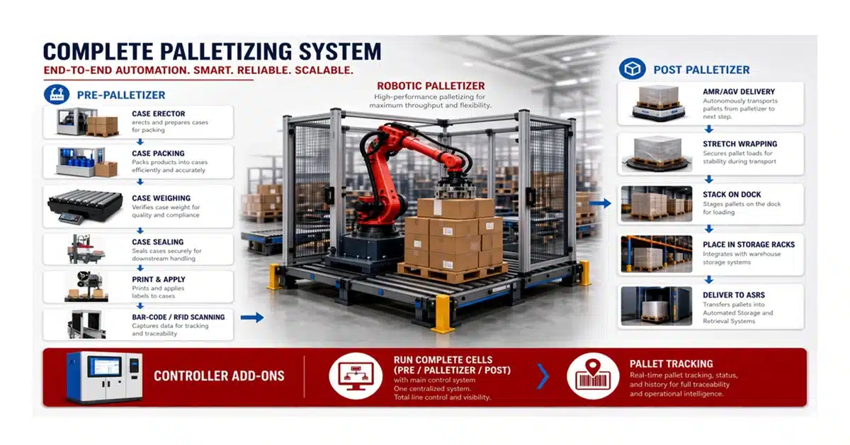 Complete Palletizing System Diagram | ISD Diagram of a complete palletizing system showing pre-palletizer stations, the robotic palletizer, post-palletizer stations, and controller add-ons