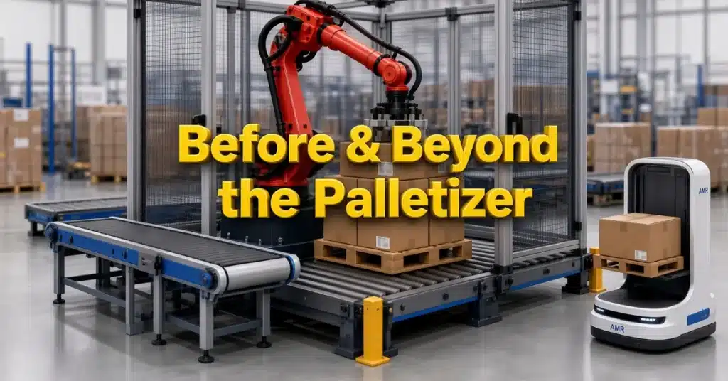 Robotic palletizer with conveyor and AMR robot in a warehouse, labeled Before and Beyond the Palletizer