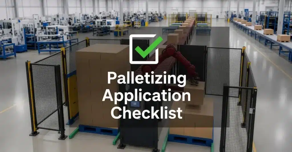 Robotic palletizing cell with a checklist icon and "Palletizing Application Checklist" text overlay