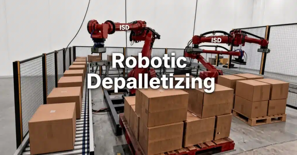 Two red robotic arms depalletizing cases from incoming pallets onto a conveyor, labeled Robotic Depalletizing