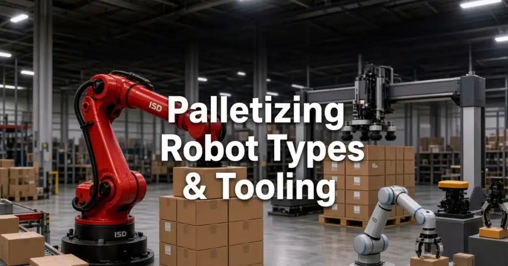 Red industrial robot arm and collaborative robot arm palletizing cases onto pallets in a warehouse, labeled Palletizing Robot Types and Tooling