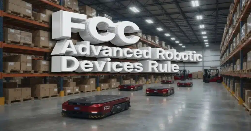 Autonomous mobile robots move through a warehouse aisle beneath bold text reading FCC Advanced Robotic Devices Rule