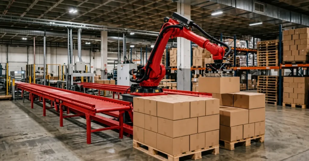 Robotic palletizing arm stacking cases onto a pallet next to a conveyor line in a warehouse