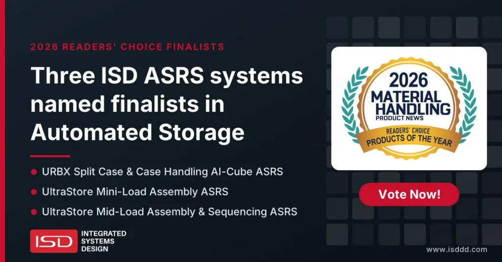 Graphic announcing three ISD ASRS systems named 2026 Readers’ Choice finalists in Automated Storage: URBX, UltraStore Mini-Load and UltraStore Mid-Load