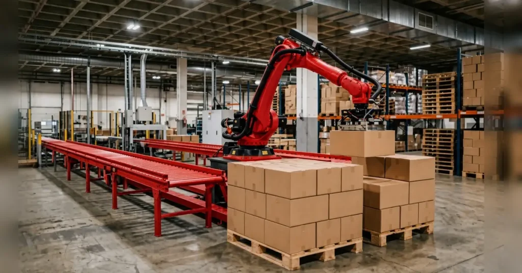 Red robotic arm palletizing cardboard boxes onto a pallet on a warehouse production line